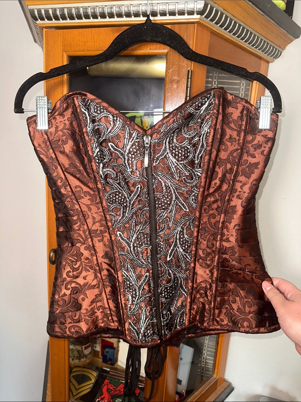 Copper Brown Brocade Embellished Strapless Corset